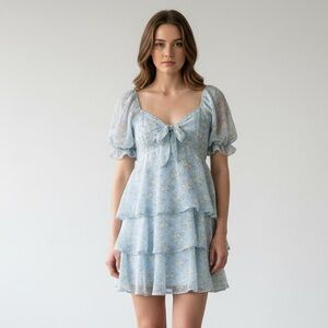 ALTAR’D STATE “Ruby” Baby Blue Floral Tiered Ruffle Puff Sleeve Mini Dress Sz S